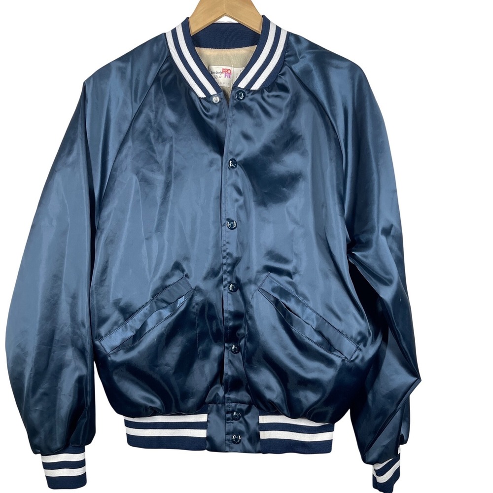 Vintage King Louie Hollywood Knights Satin Bomber Jacket Navy Blue Mens Medium - Picture 2 of 5